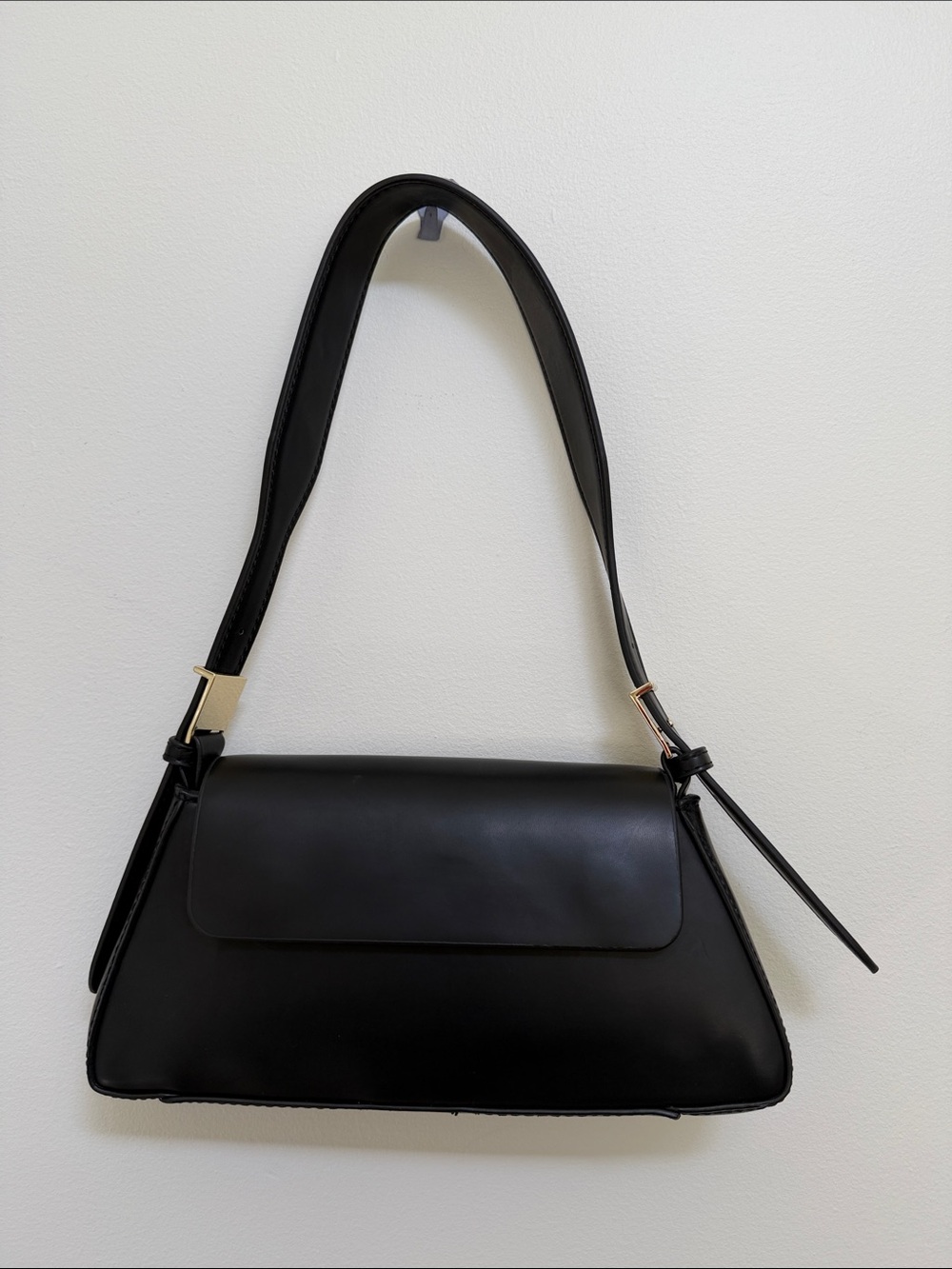Zara Black Leather Shoulder Bag with Gold Accents
